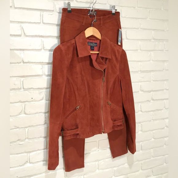 LUCKY BRAND 2 PIECE RUST SUEDE MOTORCYCLE MOTO JACKET & SLIGHTLY FLAWED - Picture 4 of 16